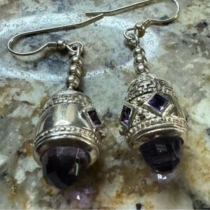 Vintage Amethyst Gemstone Earrings Briolette Cut Dangle Sterling Silver